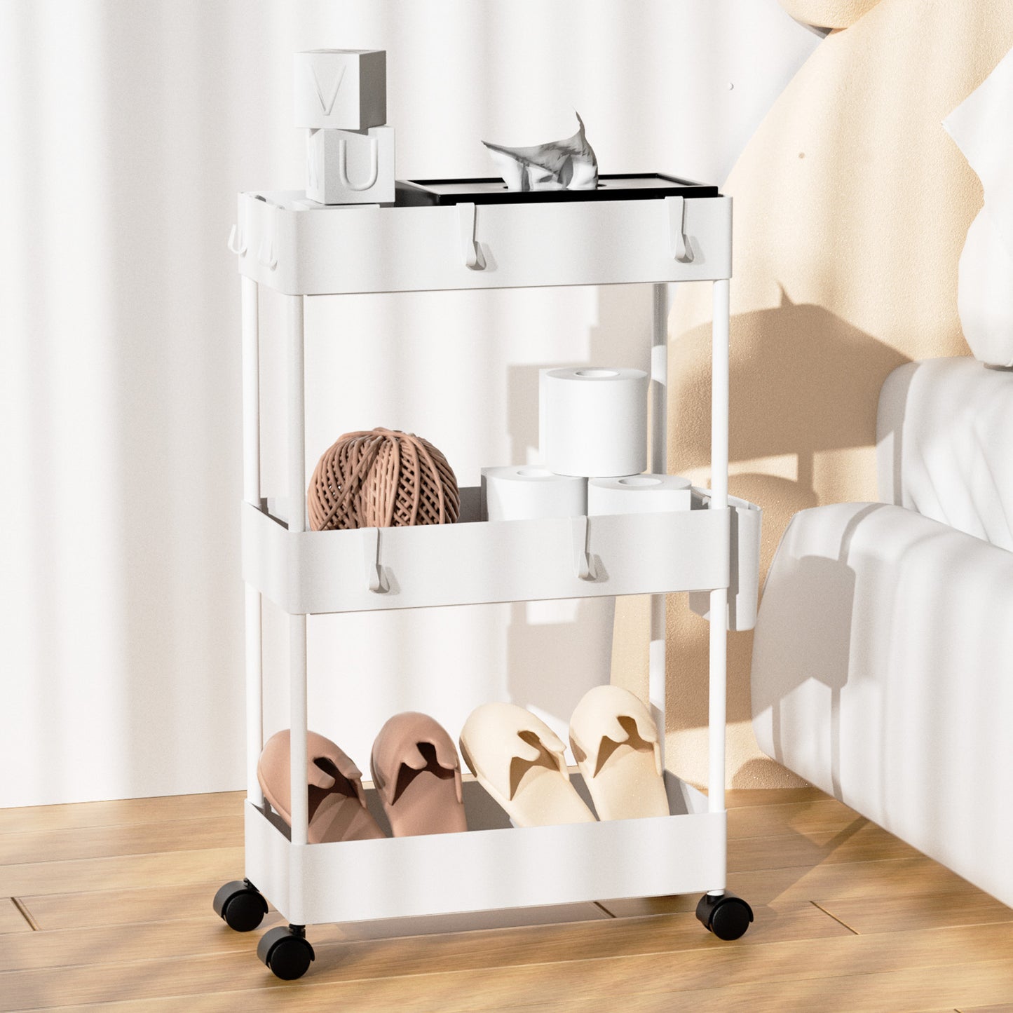 3 Tier Removable Slim Storage Cart with Wheels, Bathroom Cart Organizer Small, Rolling Cart for Bathroom, Kitchen, Narrow Space, White