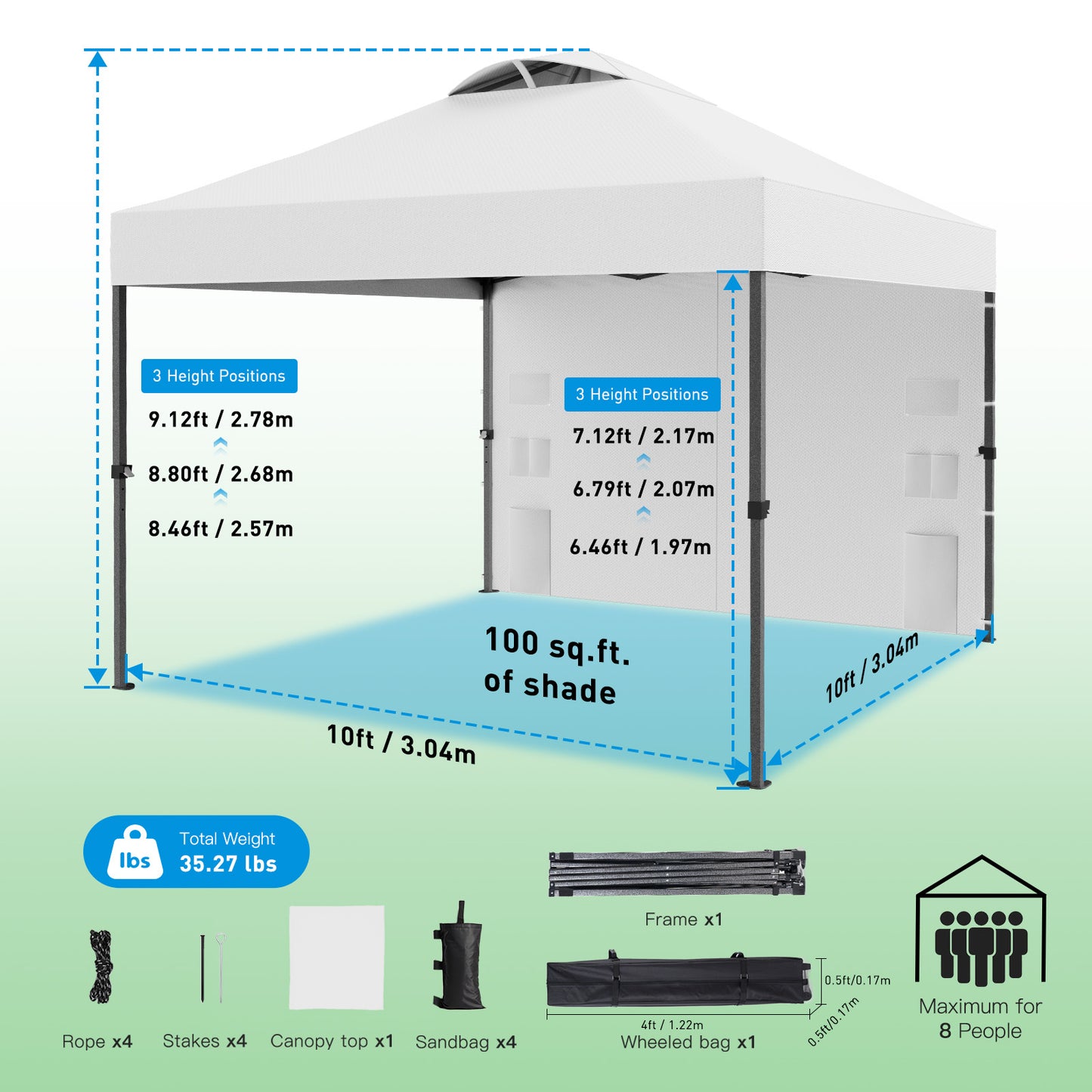 CHITOOMA 10 x 10ft Pop up Canopy Tent, Instant Outdoor Shelter Easy Portable Straight Leg Canopy Tent with Pockets Sidewall, White