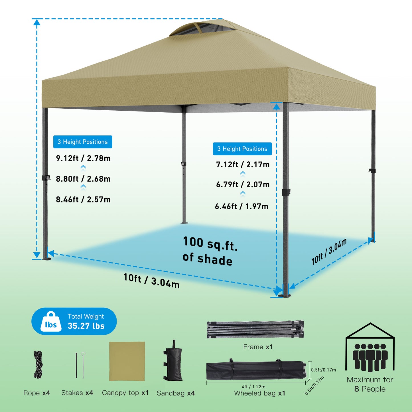 CHITOOMA 10 x 10ft Pop up Canopy Tent, Instant Outdoor Shelter Easy Portable Straight Leg Canopy Tent, Khaki