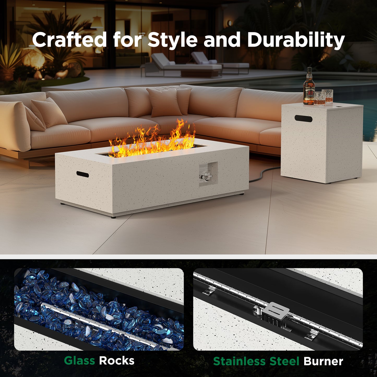 43" Gas Fire Pit Table, 50000 BTU Outdoor Propane Fire Pit with CSA Certification, Rectangular Fire Pit with Glass Rocks, Waterproof Cover & Adjustable Legs for Patio, Backyard, Deck