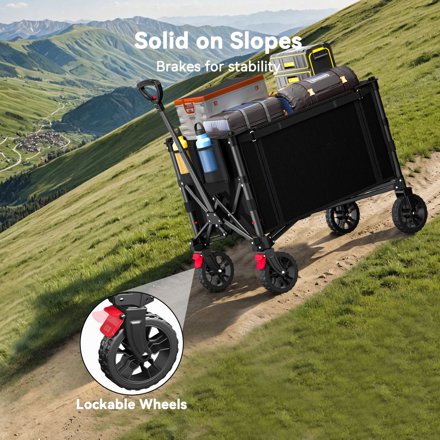 Foldable Wagon with Expandable Storage Space & Locking Front Wheels, Portable Collapsible Wagon Cart with 2 Cup Holder for Groceries, Camping, Shopping, Garden, Beach