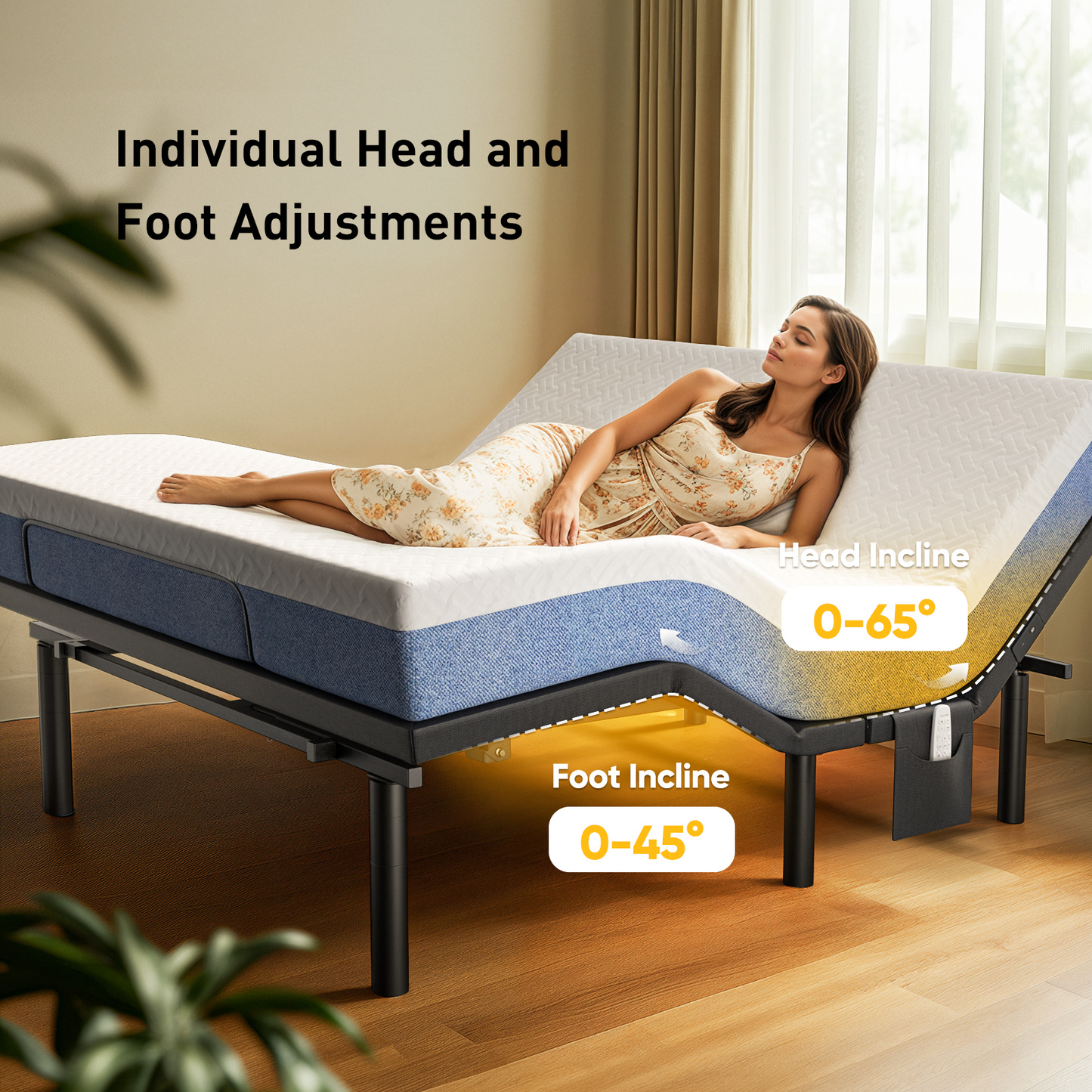 CHITOOMA Adjustable Bed Frame Queen with Massage and Wireless Remote Control, Adjustable Bed Base with Bed Nightlight and 2 USB Ports