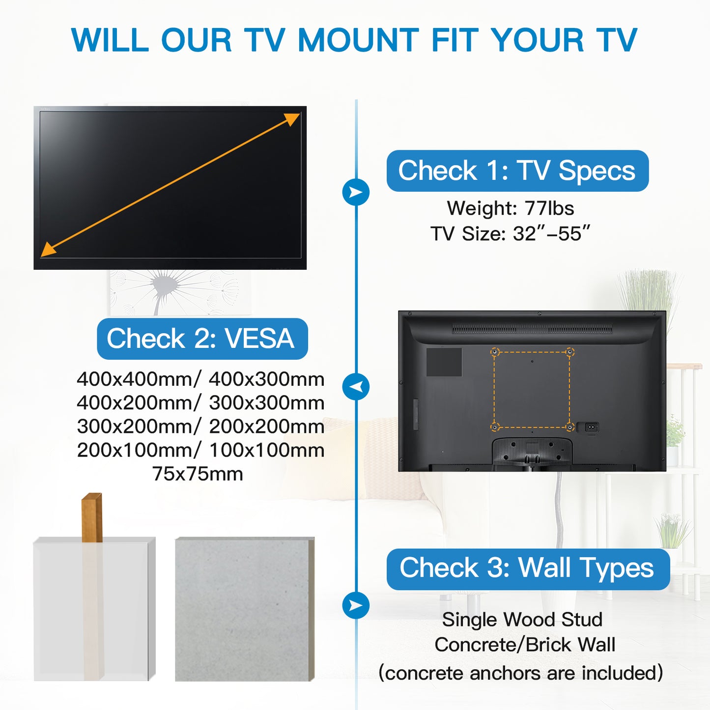 MountFTV Full Motion TV Wall Mount Bracket for 32-55 inch LED LCD OLED Flat Curved Screen TVs Up to 77lbs,Max 600x400mm