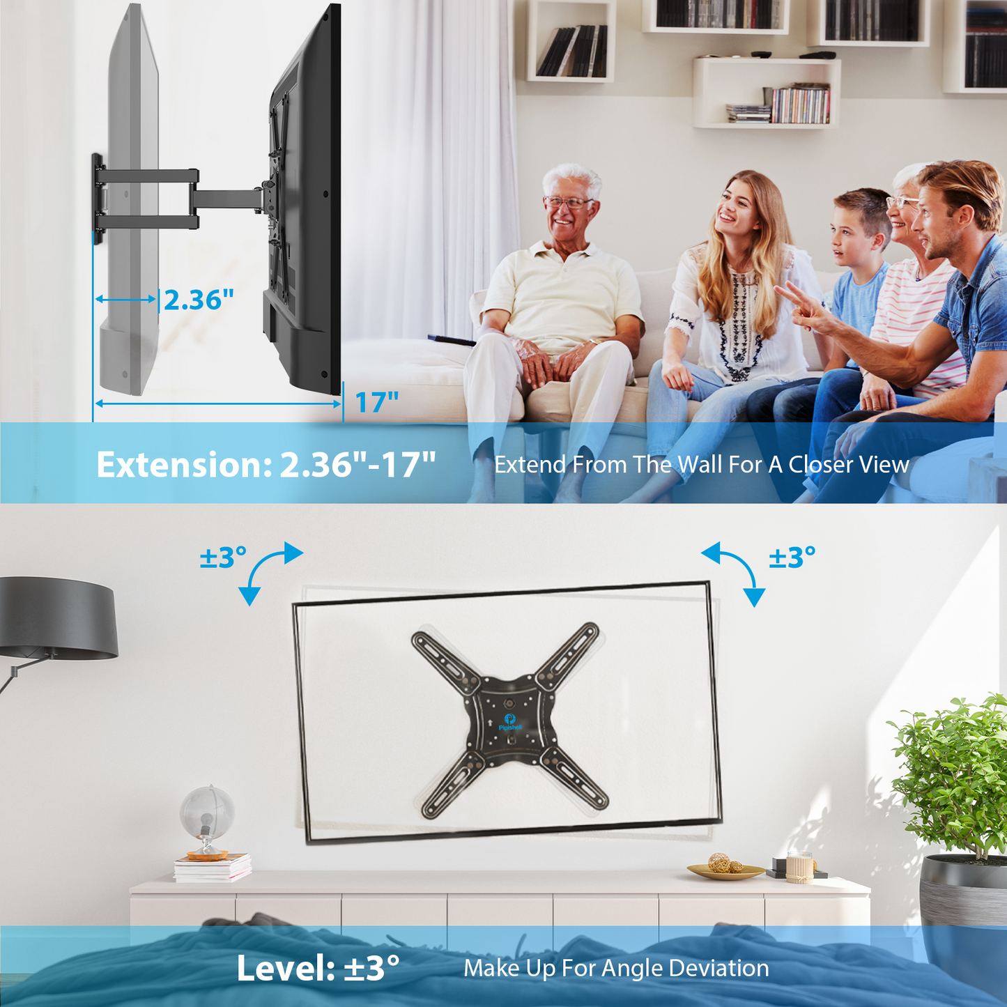 Full Motion TV Wall Mount Articulating Arms Swivels Tilts Bracket for 26-60 inch Flat Curved TVs, Max 400x400mm Holds up to 88lbs