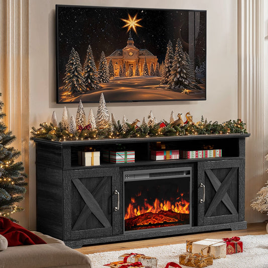 Electric Fireplace TV Stand for TVs up to 65", Farmhouse Entertainment Center with Fireplace, Black