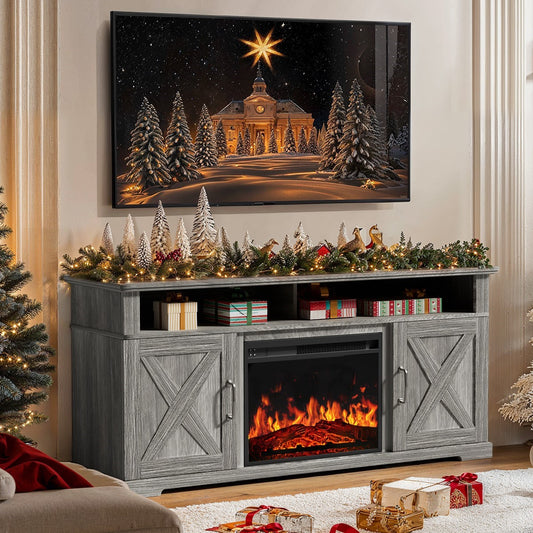 Electric Fireplace TV Stand for TVs up to 65", Farmhouse Entertainment Center with Fireplace, Grey