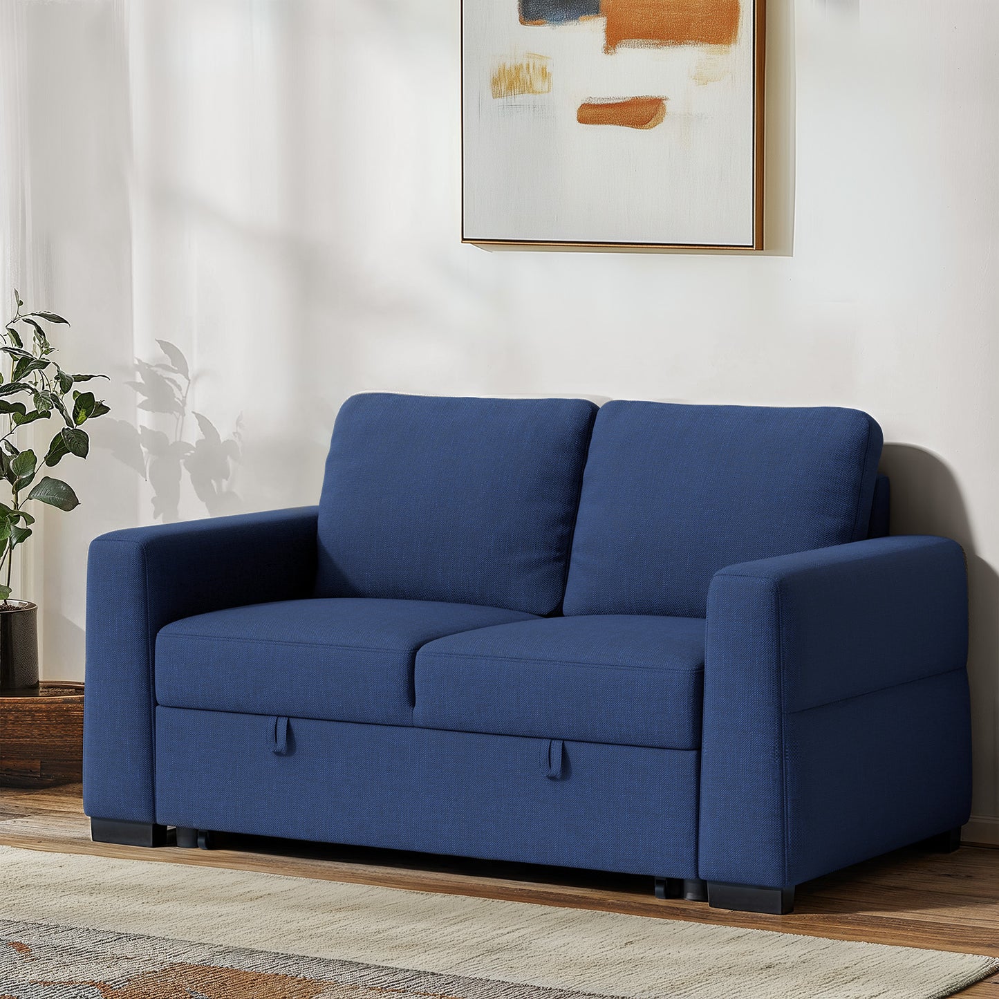 CHITOOMA 60'' Linen Pull Out Sofa Bed Convertible Sleeper Couch with Charging Port, Upholstered Sectional Sofa with 2 Pillows, Reclining Sofas for Living Room, Blue