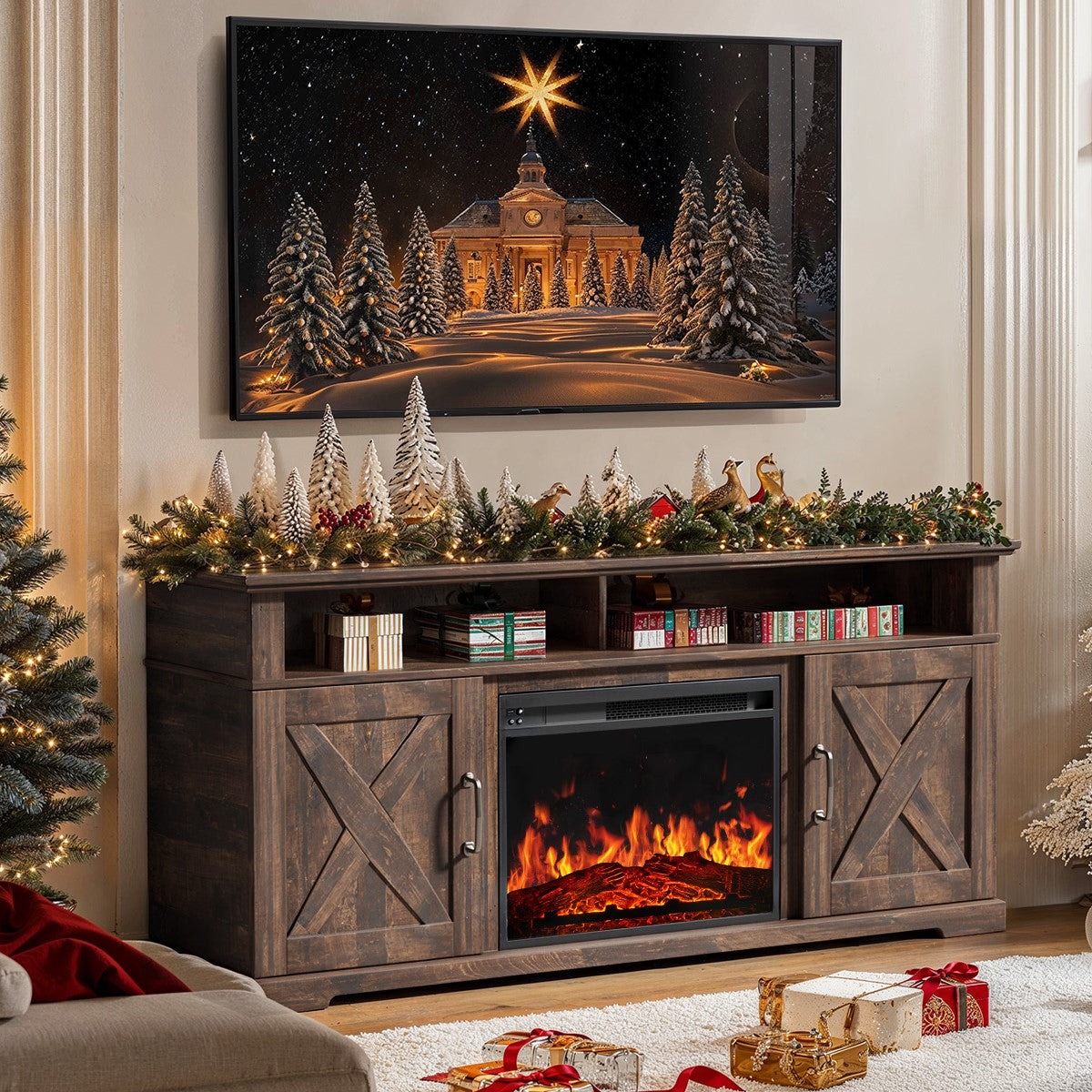 Electric Fireplace TV Stand for TVs up to 65", Farmhouse Entertainment Center with Fireplace, Vintage Brown
