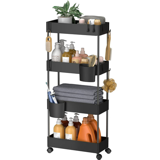 4 Tier Removable Slim Storage Cart with Wheels, Bathroom Cart Organizer Small, Rolling Cart for Bathroom, Kitchen, Narrow Space, Black