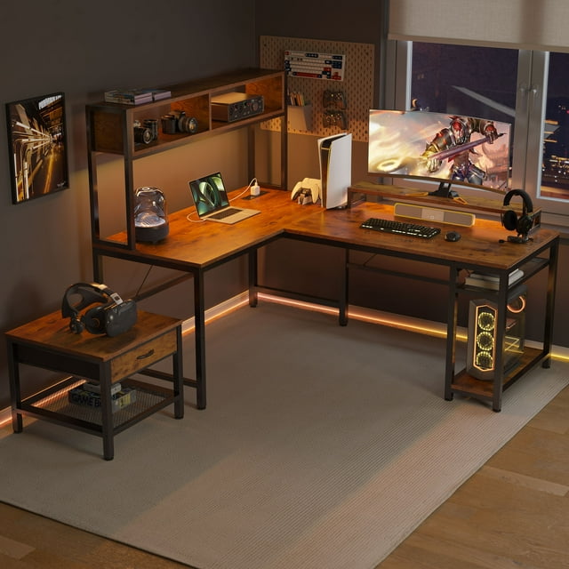 67'' L Shaped Computer Desk with Hutch & Monitor Stand Reversible L-Shaped Gaming Desk with Power Outlet & LED Strip for Home Office, Brown - Walmart.com