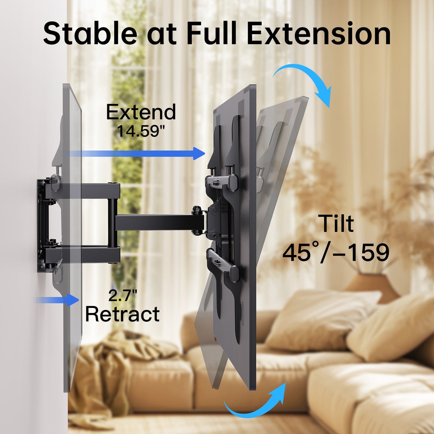 MountFTV Full Motion TV Wall Mount Bracket for 37-75 inch Flat Curved TVs, Max 600x400mm, Holds up to 132lbs