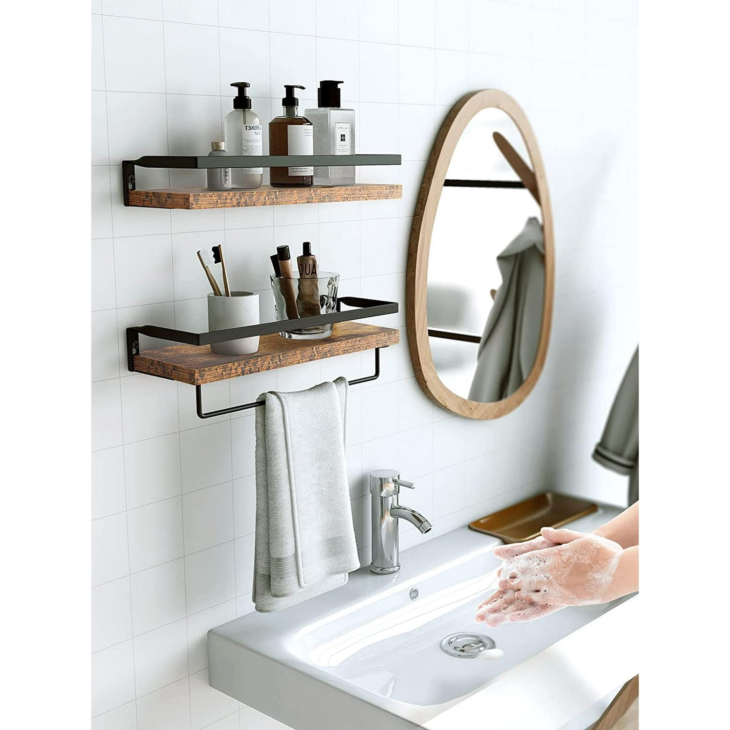 2 Pack Wall Decor Wood Rustic Floating Shelves, Storage Shelves with Towel Bar for Bathroom, Kitchen, Bedroom, Living Room