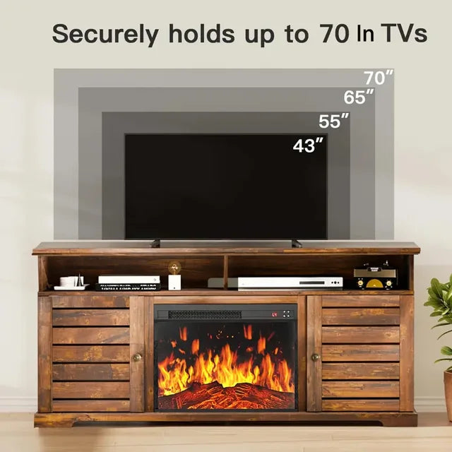 Electric Fireplace TV Stand for 70/65/60/55 Inch TVs, Farmhouse Entertainment Center with 23" Electric Fireplace with Storage, Adjustable Led Flame, Gray
