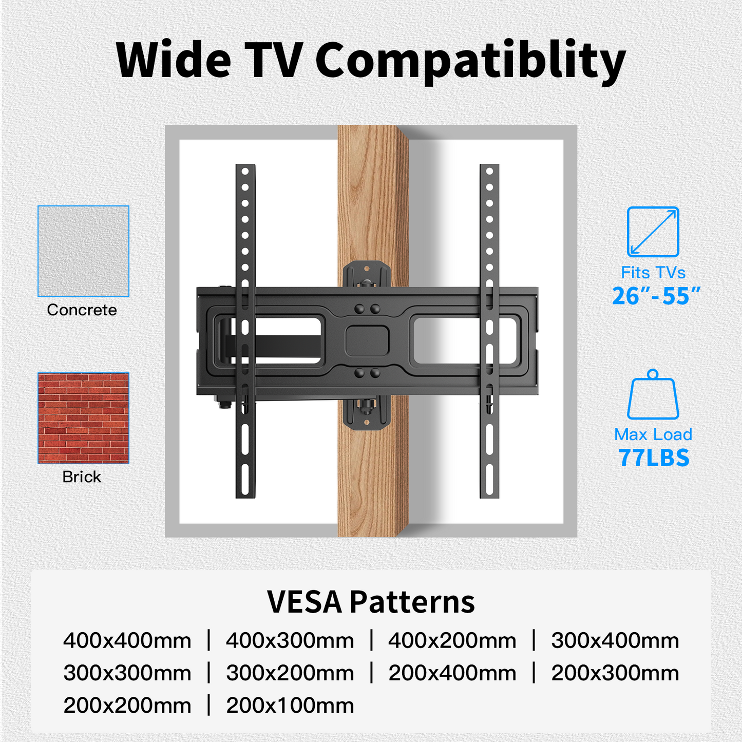 MountFTV Full Motion TV Wall Mount Bracket for 32-55 inch LED LCD OLED Flat Curved Screen TVs Up to 77lbs, Max 400x400mm