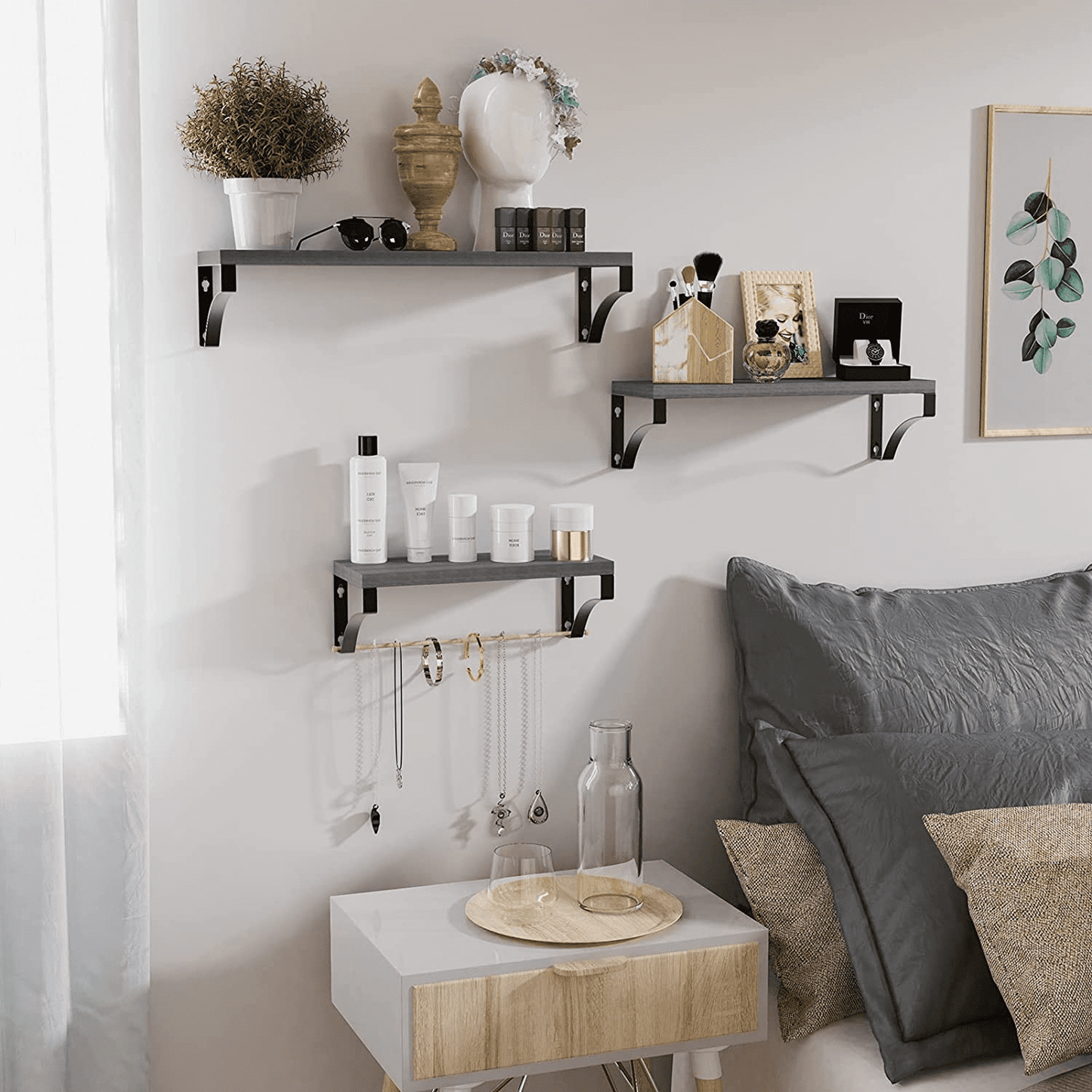 Set of 3 Wall Mounted Floating Shelves Wood Rustic Storage Shelves for Bedroom, Bathroom, Living Room(Gray)