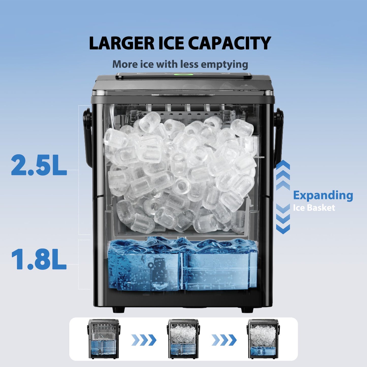 Portable Countertop Ice Maker with Handle, 2.5L Expanding Ice Basket, 26lbs in 24Hrs, 9 Ice Cubes Ready in 6 Mins, Auto-Cleaning Countertop Ice Machine for Home, Kitchen, Camping, RV, Black