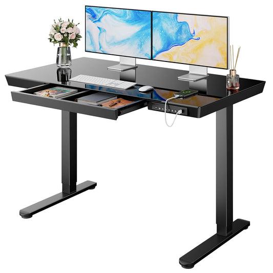 Kyspho One Piece Black Glass Top Standing Desk, 48" x 24" Electric Height Adjustable Office Desk with Drawer & USB Charging Ports, Sit to Stand Desk for Home