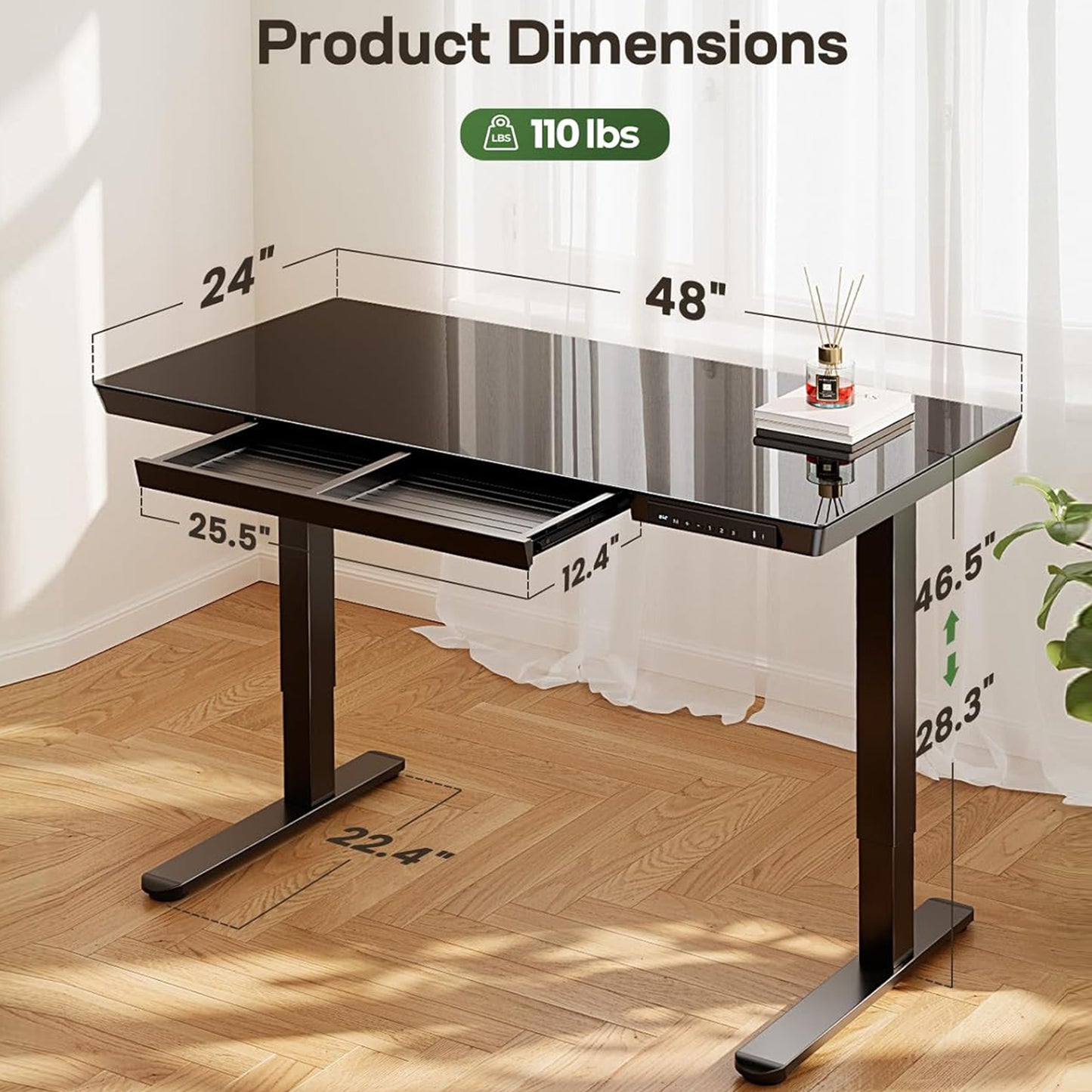 Kyspho One Piece Black Glass Top Standing Desk, 48" x 24" Electric Height Adjustable Office Desk with Drawer & USB Charging Ports, Sit to Stand Desk for Home