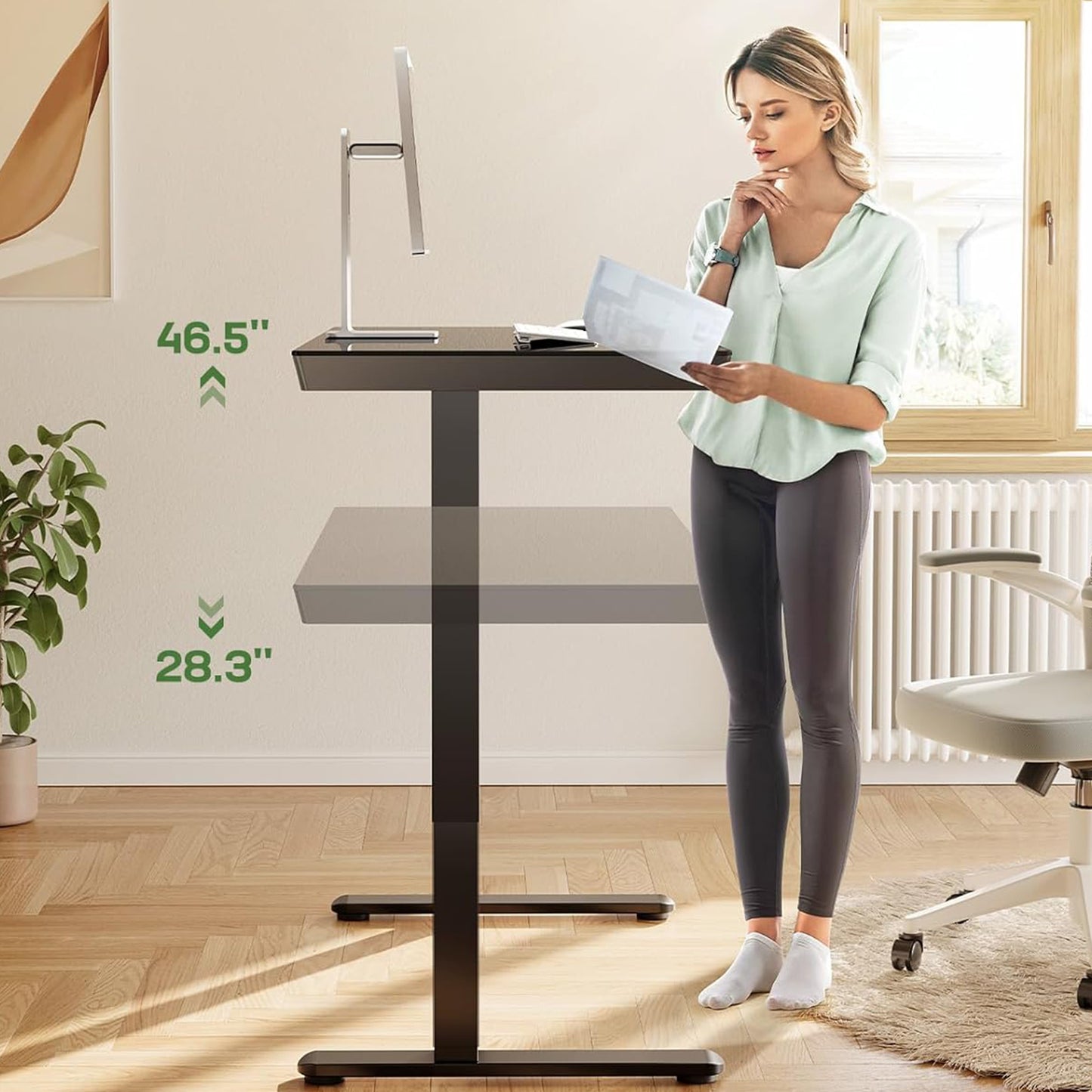 CHITOOMA 55" x 28" One Piece Black Glass Top Standing Desk with Drawer, Electric Height Adjustable Office Desk with USB Charging Ports, Sit to Stand Desk for Home
