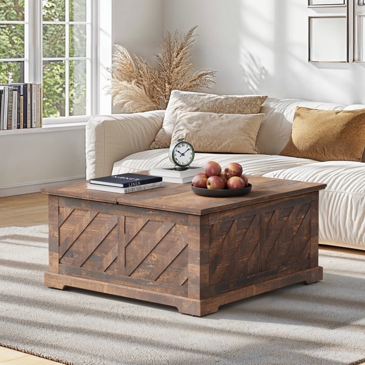 Lift Top Coffee Table, 35"x35" Wood Square Dining Center Table with Storage and Large Hidden Space for Living Room, Vintage Brown