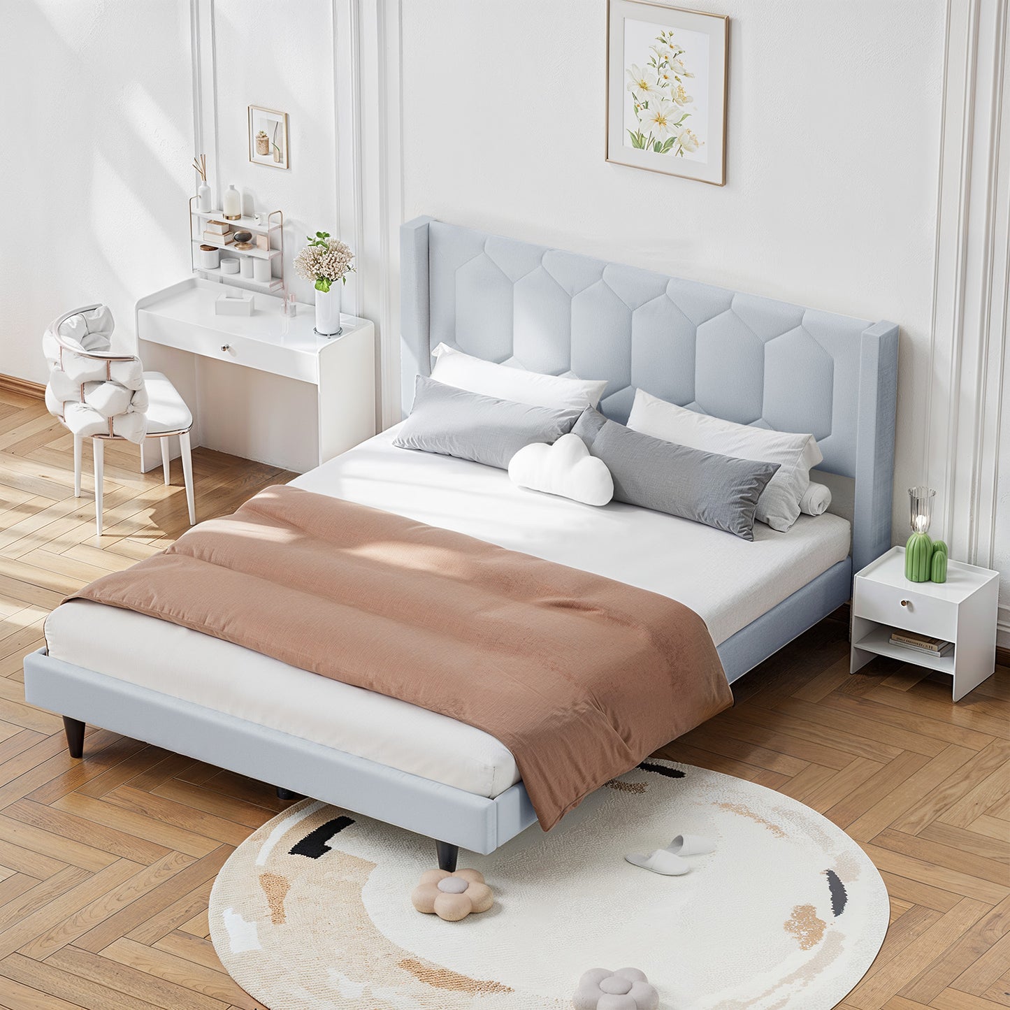 CHITOOMA Twin Bed Frame with Wingback Headboard, Velvet Upholstered Platform Bed Frame Twin Size No Box Spring Needed, Noise-Free, Heavy Duty, Light Grey