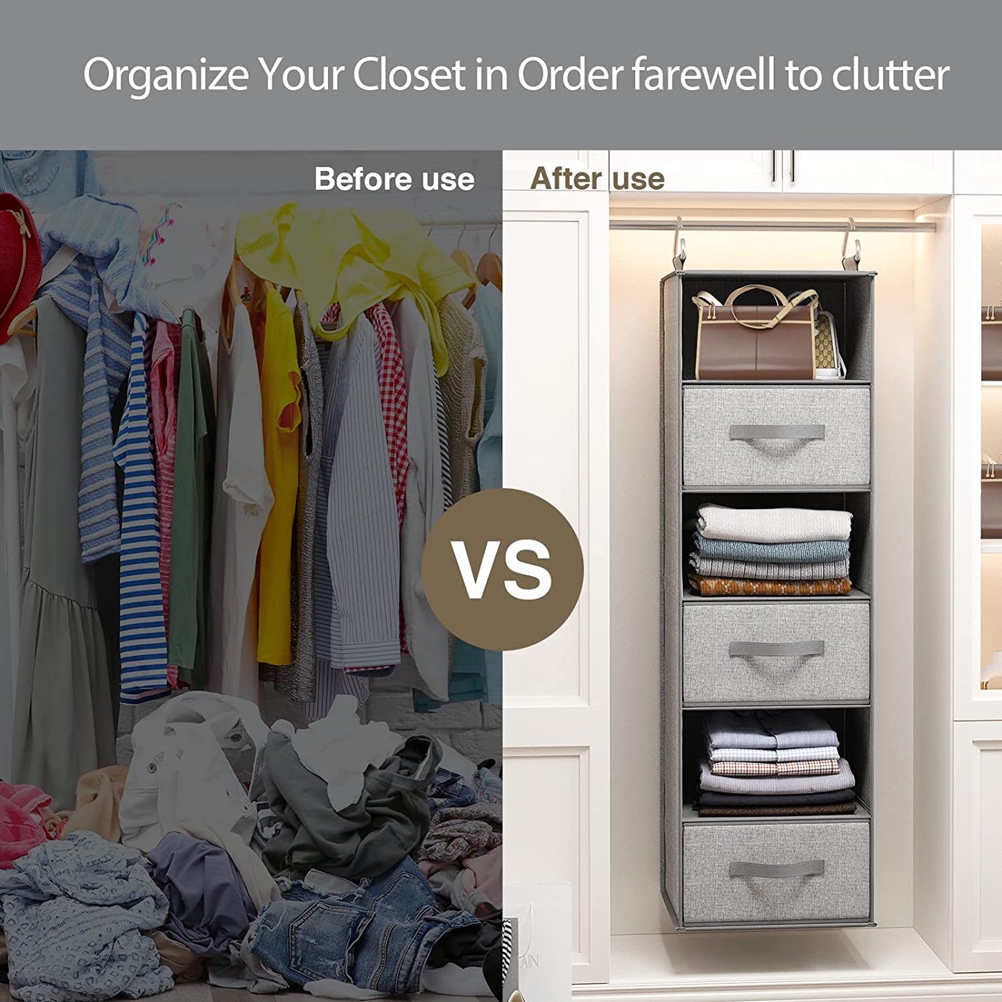 6-Shelf Hanging Closet Organizer with 3 Removable Drawers & Side Pockets Hanging Shelf Organizer for Closet, 11.4''W x 12''D x 43.3''H