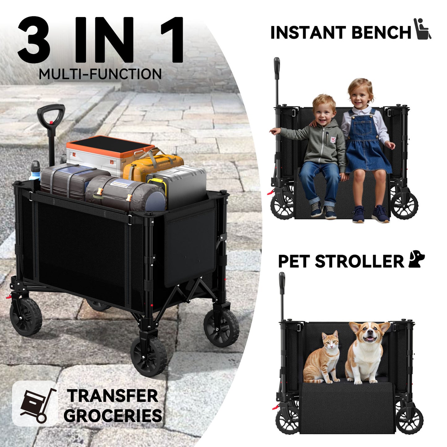 Foldable Wagon with Expandable Storage Space & Locking Front Wheels, Portable Collapsible Wagon Cart with 2 Cup Holder for Groceries, Camping, Shopping, Garden, Beach