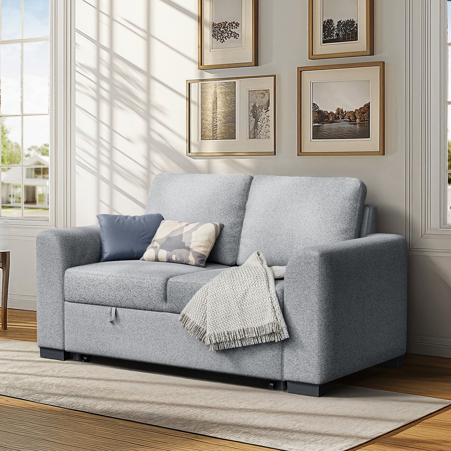 CHITOOMA 60'' Pull Out Sofa Bed Convertible Sleeper Couch with Charging Port, Upholstered Sectional Sofa with 2 Pillows, Reclining Sofas for Living Room, Light Gray