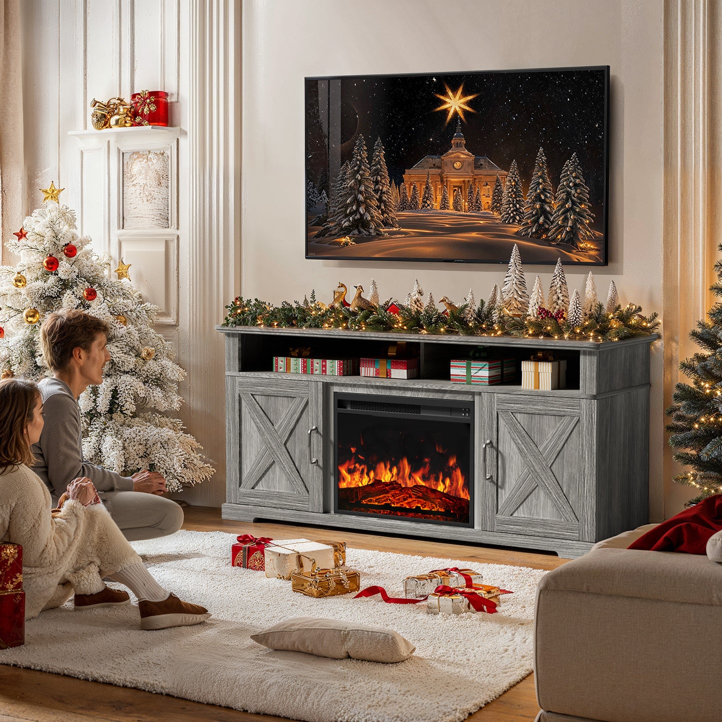 Electric Fireplace TV Stand for TVs up to 65", Farmhouse Entertainment Center with Fireplace, Grey