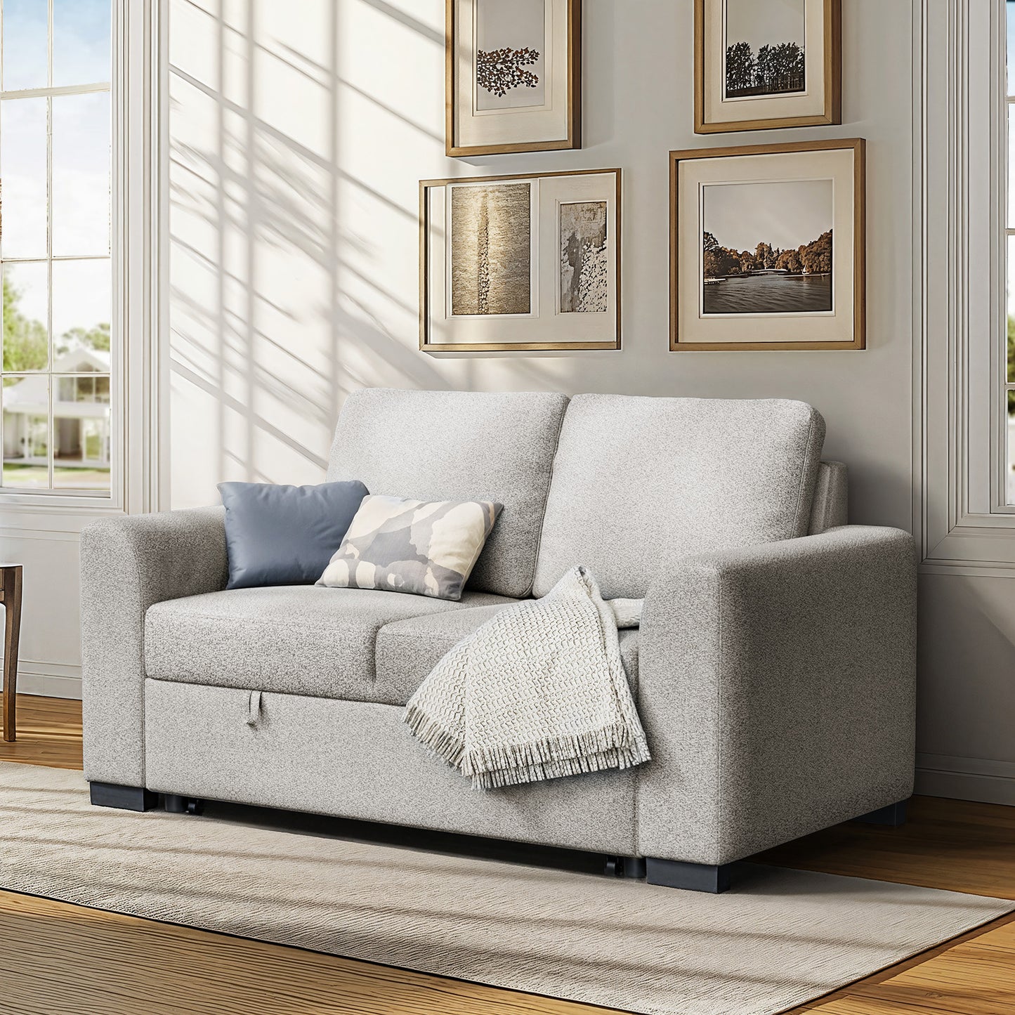 CHITOOMA 60'' Pull Out Sofa Bed Convertible Sleeper Couch with Charging Port, Upholstered Sectional Sofa with 2 Pillows, Reclining Sofas for Living Room, Beige