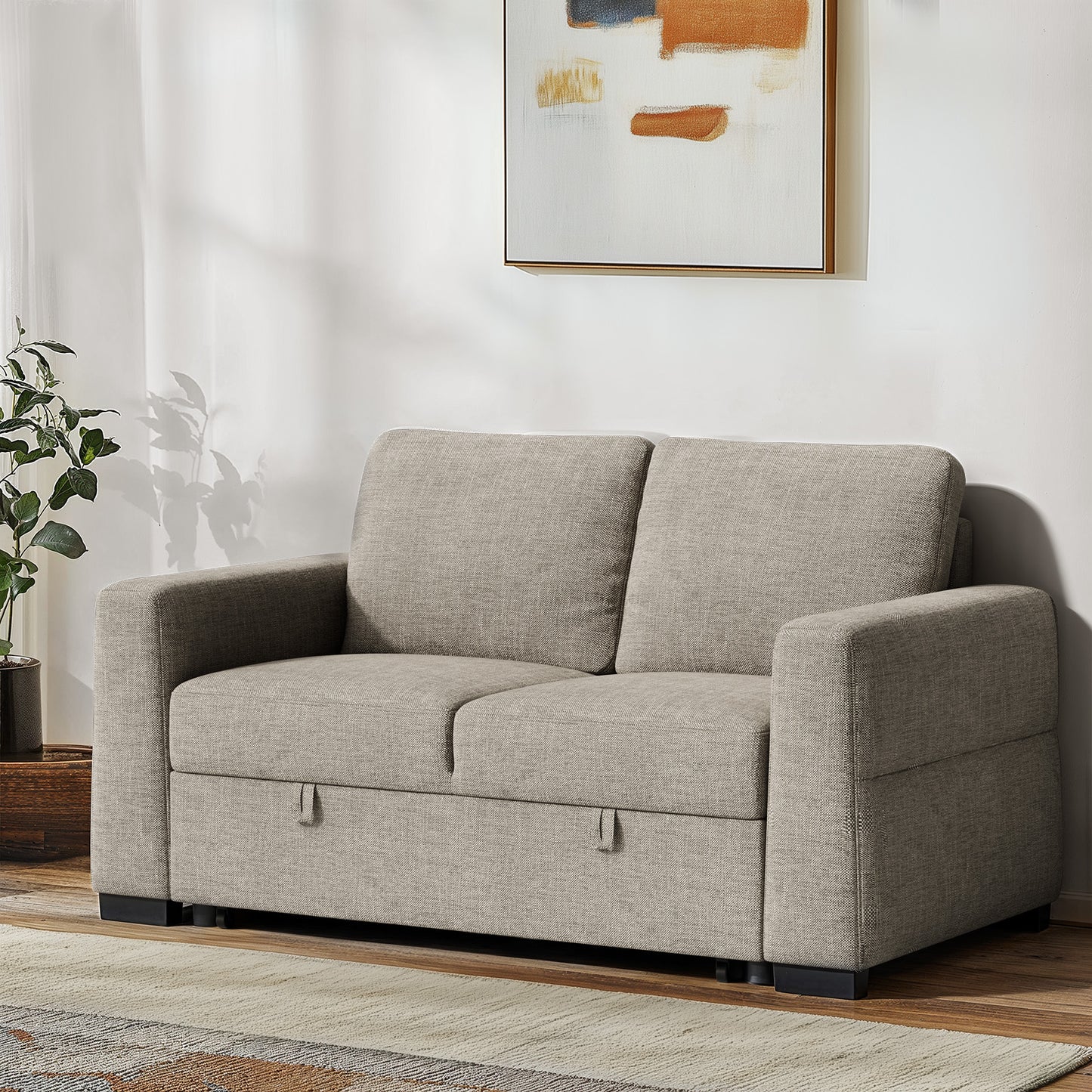 CHITOOMA 60'' Linen Pull Out Sofa Bed Convertible Sleeper Couch with Charging Port, Upholstered Sectional Sofa with 2 Pillows, Reclining Sofas for Living Room, Beige