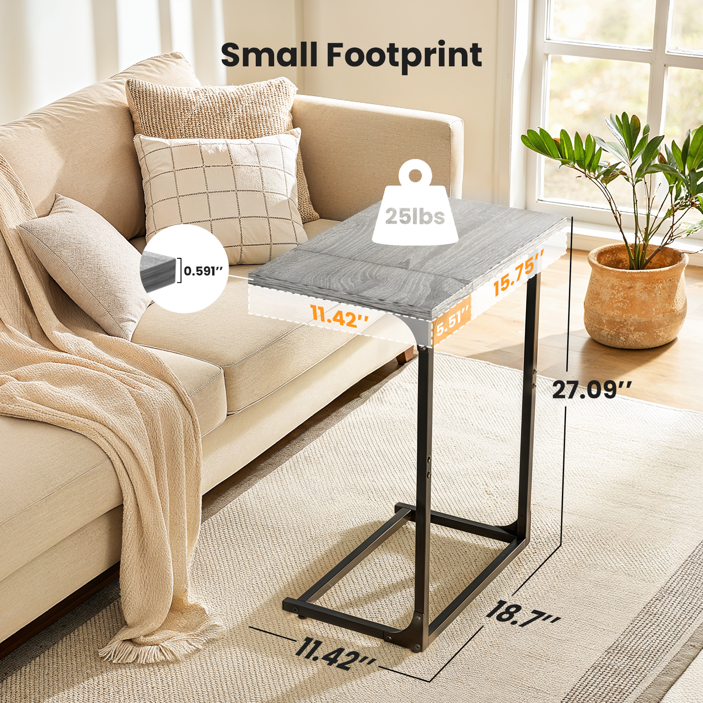 C Shaped Metal Couch End Table Tray Table, Widened Side Table Sofa Table Nightstand for Bedroom, Living Room, 27"(H) x 21.1"(W) x 11.4"(D), Grey