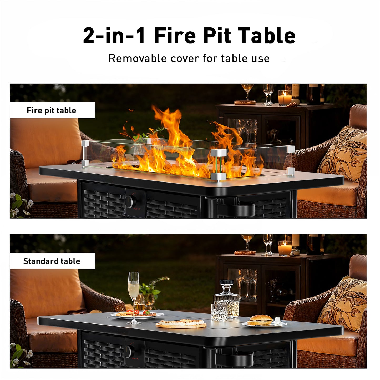 43" Rectangular Propane Gas Fire Pit Table with Wind Guard & Glass Rocks for Patio & Garden, Black Outdoor Fireplace with Lid & Lava Rocks