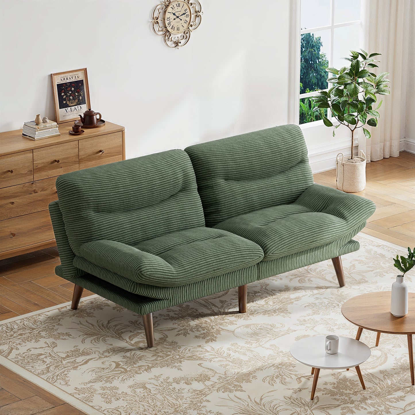 CHITOOMA 66'' Futon Sofa Bed, Green Corduroy Memory Foam Futon Sleeper Sofa Loveseat Convertible Couch Bed for Small Compact Living Spaces,Apartment