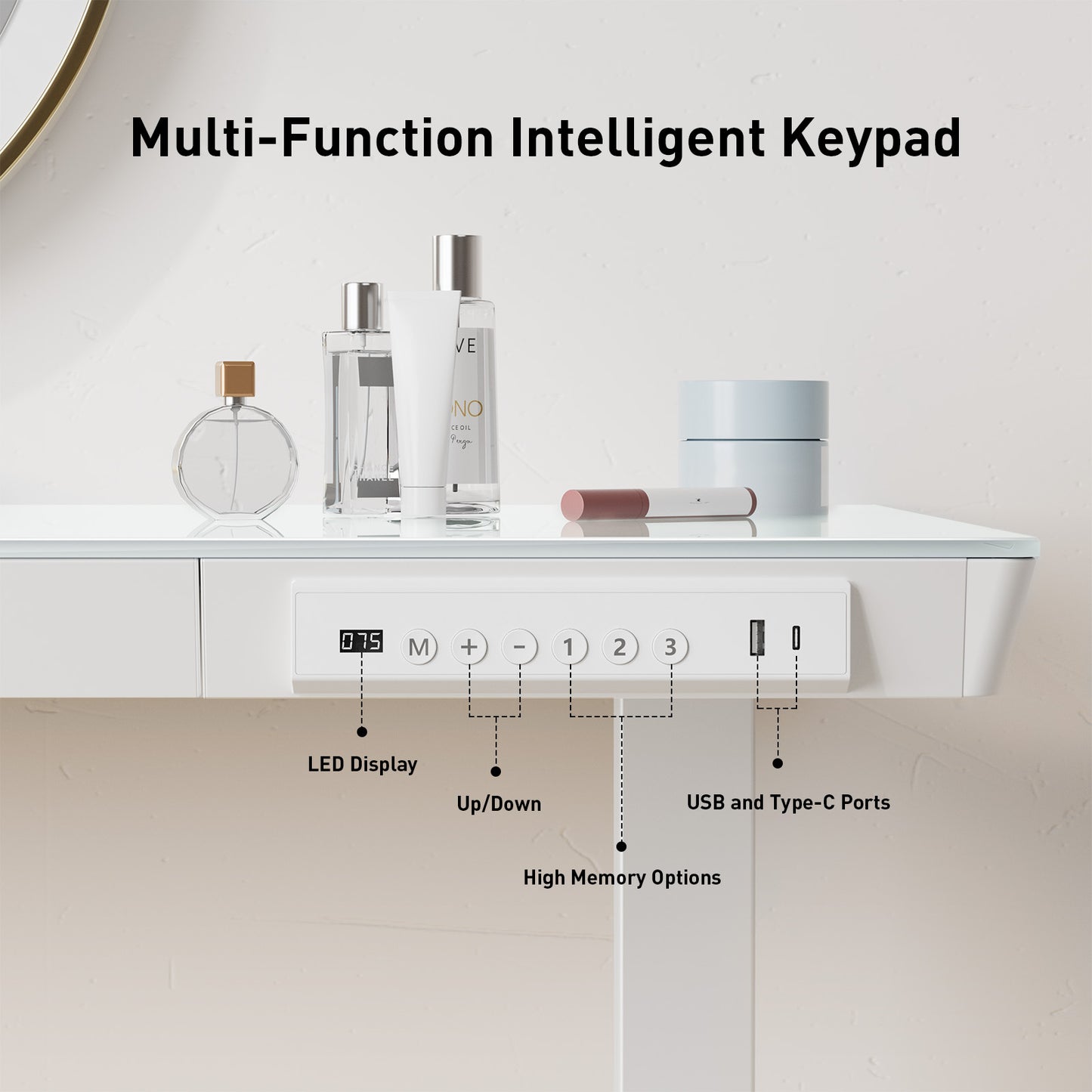 Kyspho 48'' x 24'' Glass Electric Standing Desk with Drawer, Height Adjustable Desk with One-Piece Tabletop & USB Charging Ports, Sit Stand Desk with Storage for Home & Office