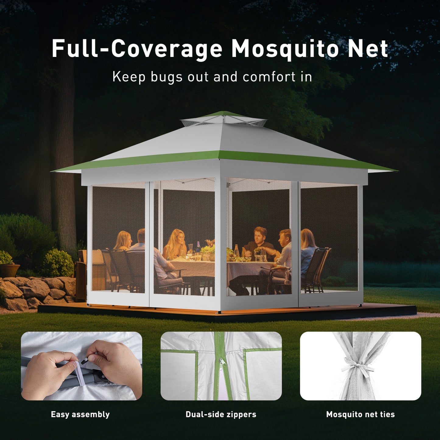 CHITOOMA 13 x 13 ft Outdoor Pop-up Gazebo, Patio Canopy Tent with Mosquito Nettings Vented Top and 169 Square ft of Shade for Garden, Party, Backyard, Green