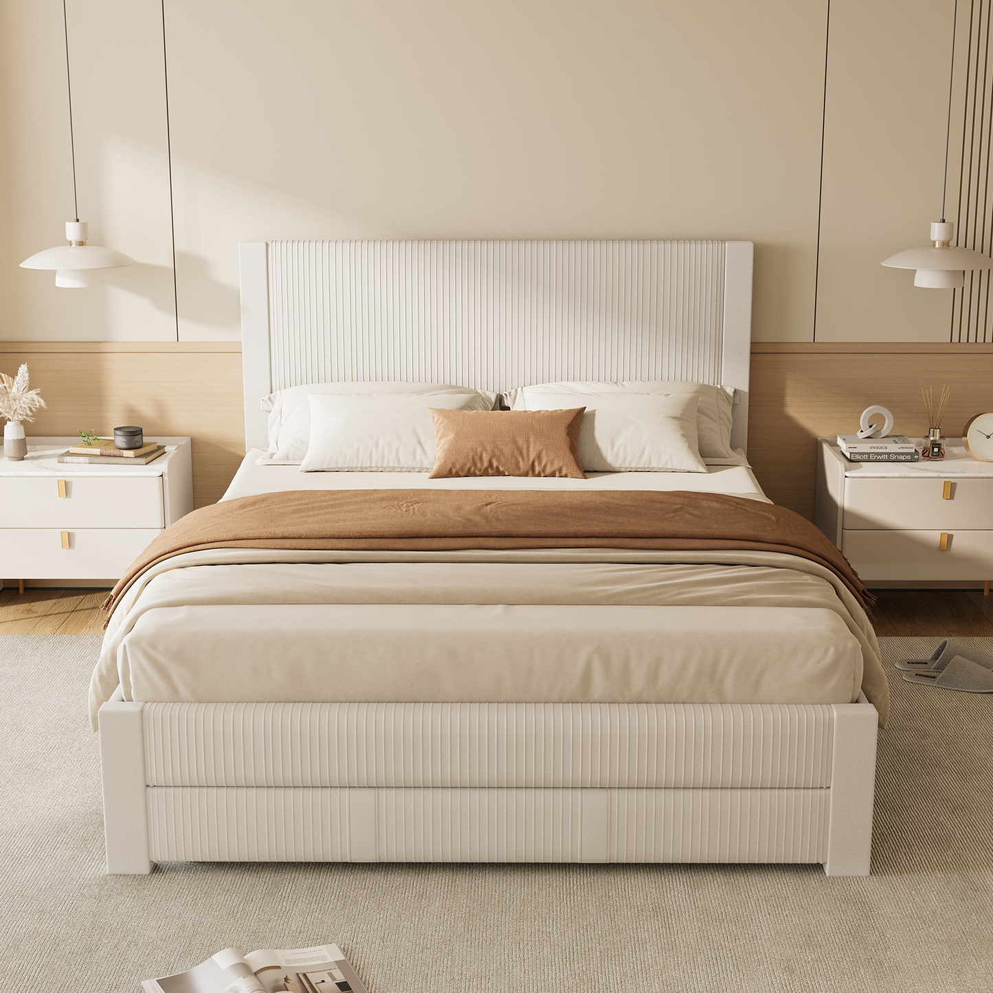 CHITOOMA Queen Bed Frame with Headboard, Velvet Upholstered Platform Bed Frame Queen Size with Storage Drawers, No Box Spring Needed, Heavy Duty, White