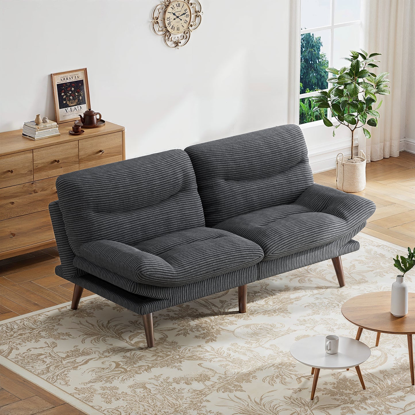 CHITOOMA 66'' Futon Sofa Bed, Grey Corduroy Memory Foam Futon Sleeper Sofa Loveseat Convertible Couch Bed for Small Compact Living Spaces,Apartment