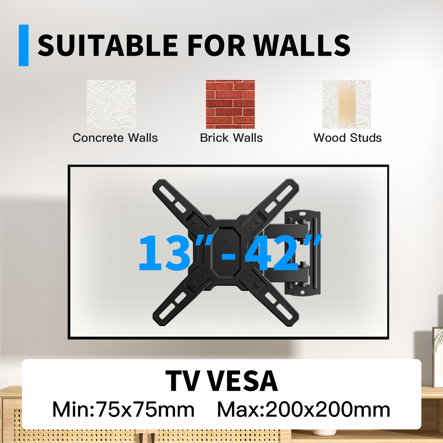 MountFTV Full Motion TV Wall Mount Bracket 360°Rotation for 13-42 inch Flat Curved Screen Universal TVs & Monitors, Max 200x200mm, Holds up to 44 lbs