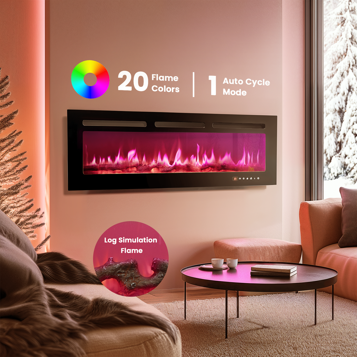 50 inch Wall Mounted Electric Fireplace Indoor Recessed Fireplace Heater with Touch Screen, Timer, Adjustable Flame Color and Speed