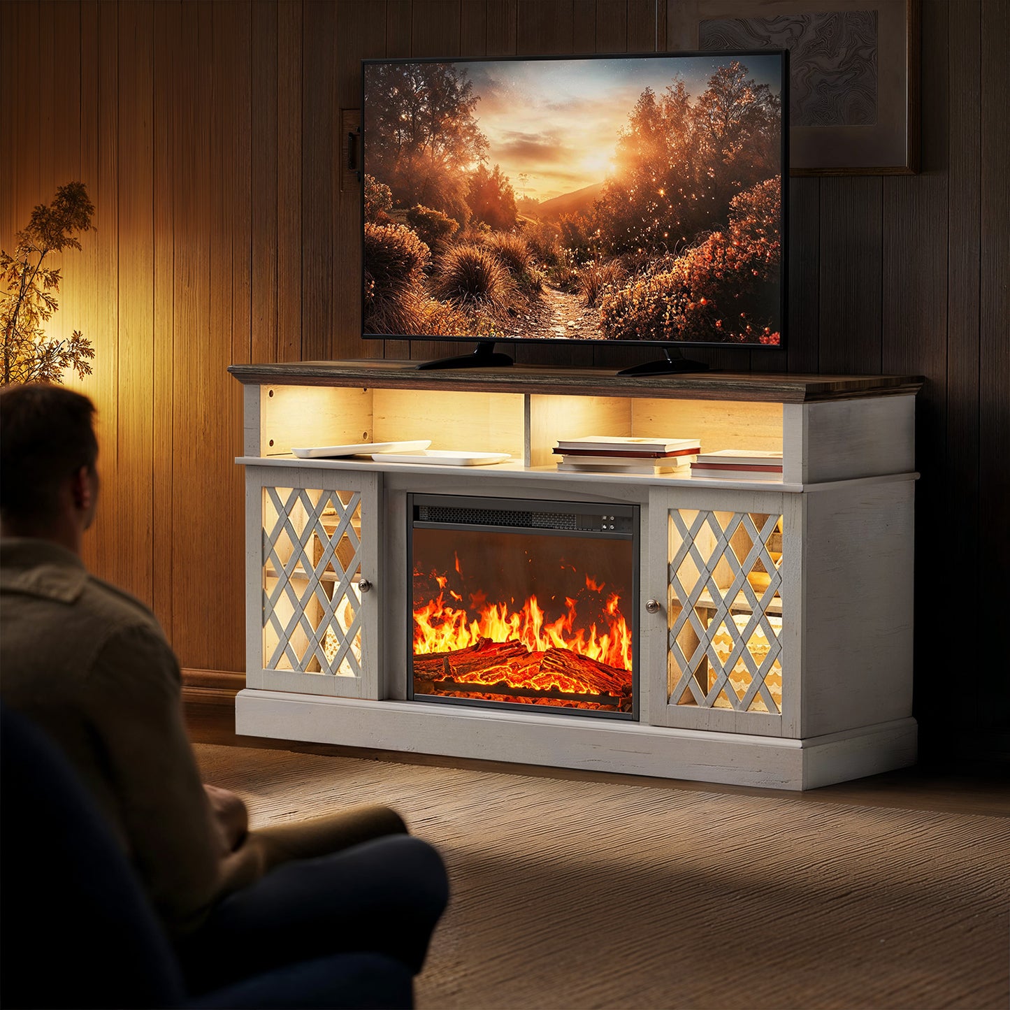 Electric Fireplace TV Stand with LED Lights for TVs up to 70", Entertainment center with fireplace for Living Room, Bedroom, White