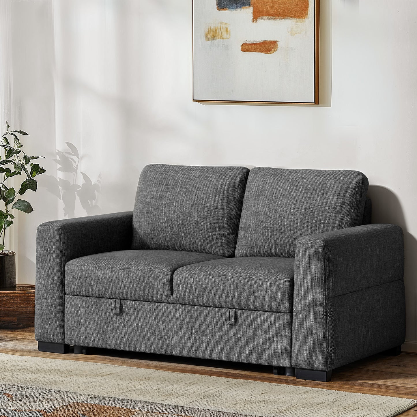 CHITOOMA 60'' Linen Pull Out Sofa Bed Convertible Sleeper Couch with Charging Port, Upholstered Sectional Sofa with 2 Pillows, Reclining Sofas for Living Room, Gray