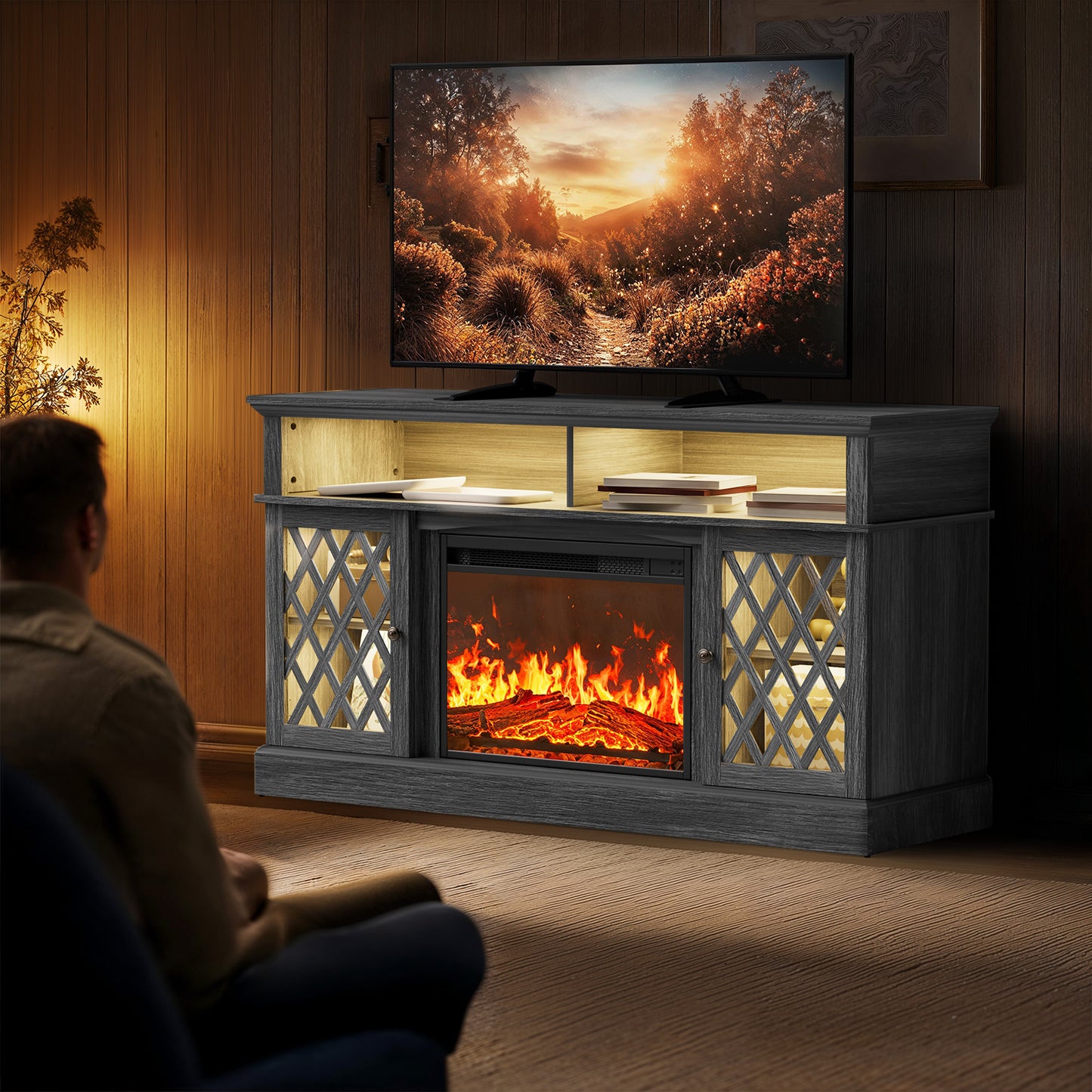 Electric Fireplace TV Stand with LED Lights for TVs up to 70", Entertainment center with fireplace for Living Room, Bedroom, Gray