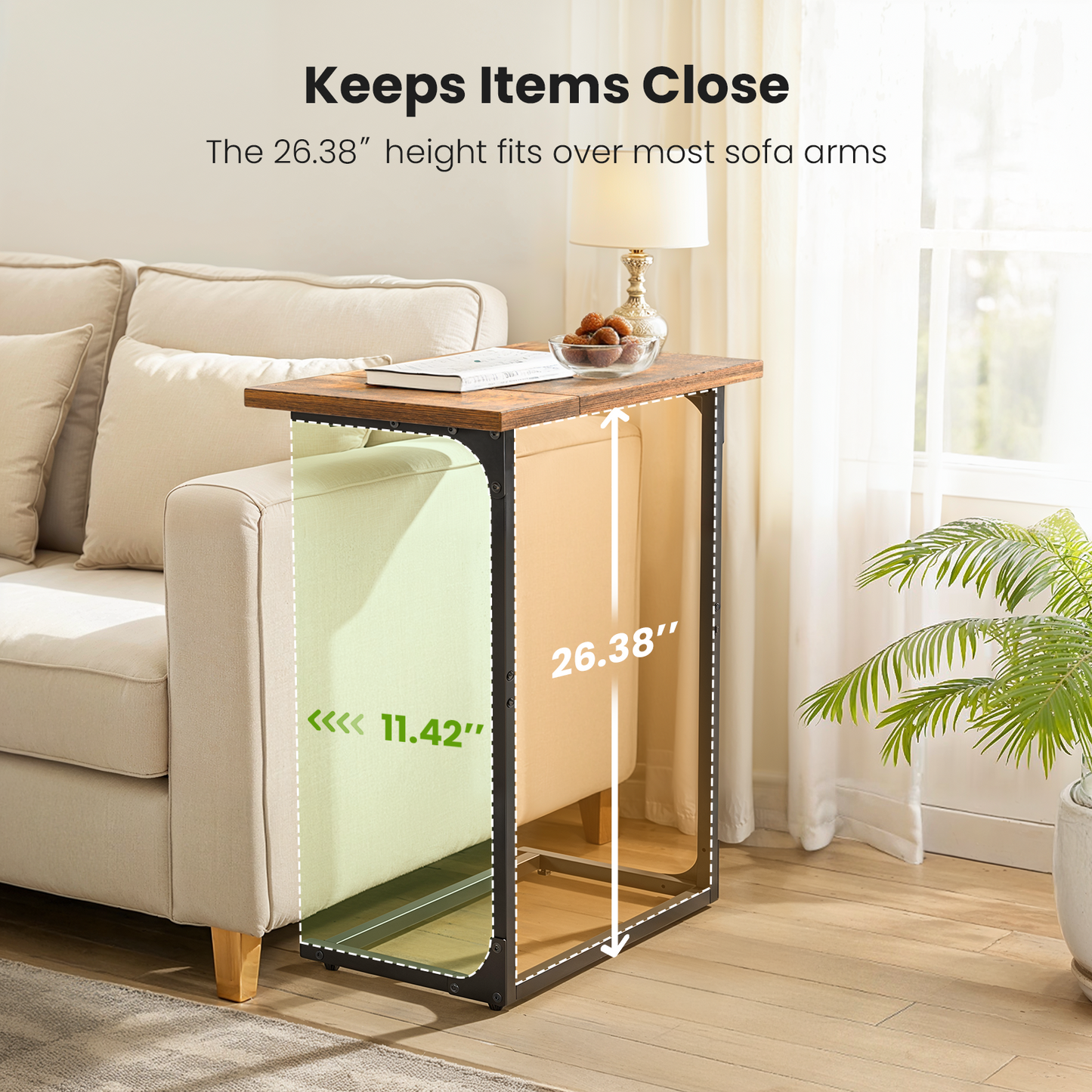 C Shaped End Sofa Table, Widened Vintage End Table Side Table for Living Room, Bedroom, 27"(H) x 21.1"(W) x 11.4"(D), Brown