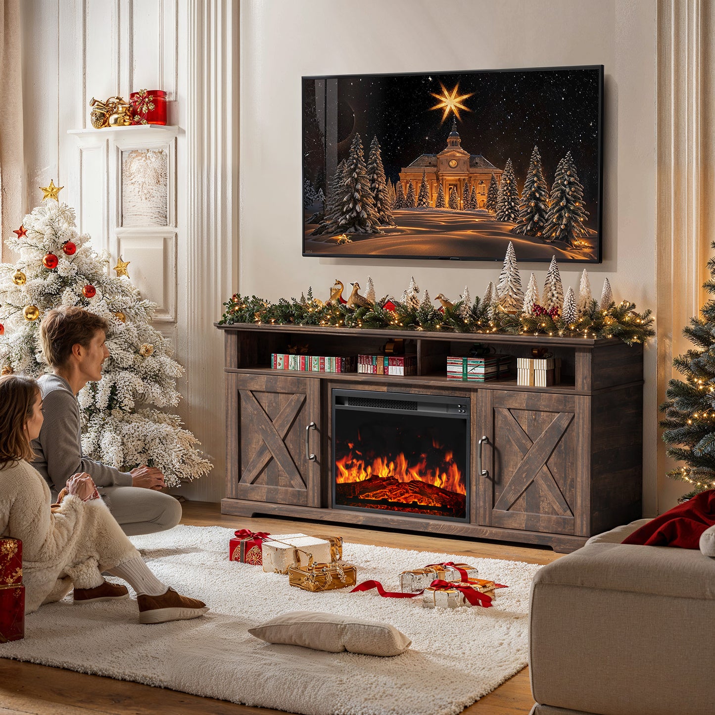 Electric Fireplace TV Stand for TVs up to 65", Farmhouse Entertainment Center with Fireplace, Vintage Brown
