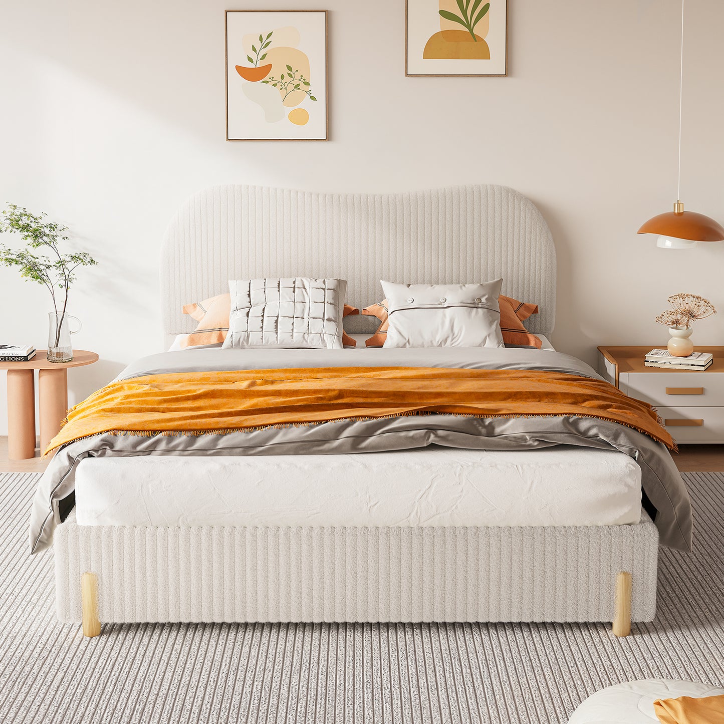CHITOOMA Queen Bed Frame with Headboard, White Velvet Upholstered Platform Bed Frame Queen Size No Box Spring Needed, Noise-Free, Heavy Duty