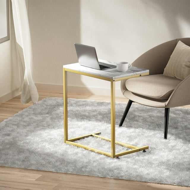 C-Shaped End Table Sofa Side Table for Couch Slide Under, White