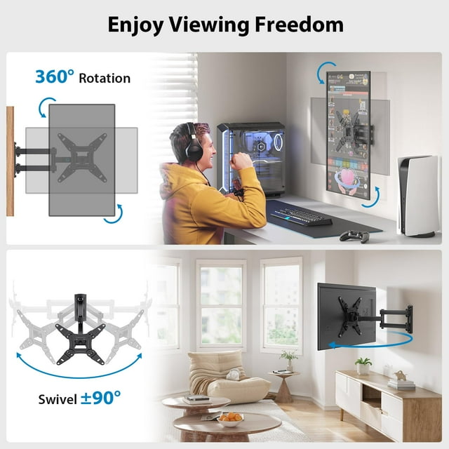 MountFTV Full Motion TV Monitor Wall Mount Bracket Articulating Arms Swivels Tilts Extension Rotation for 13-42 inch Flat Curved TVs Monitors, Max 200x200mm, Holds up to 44lbs