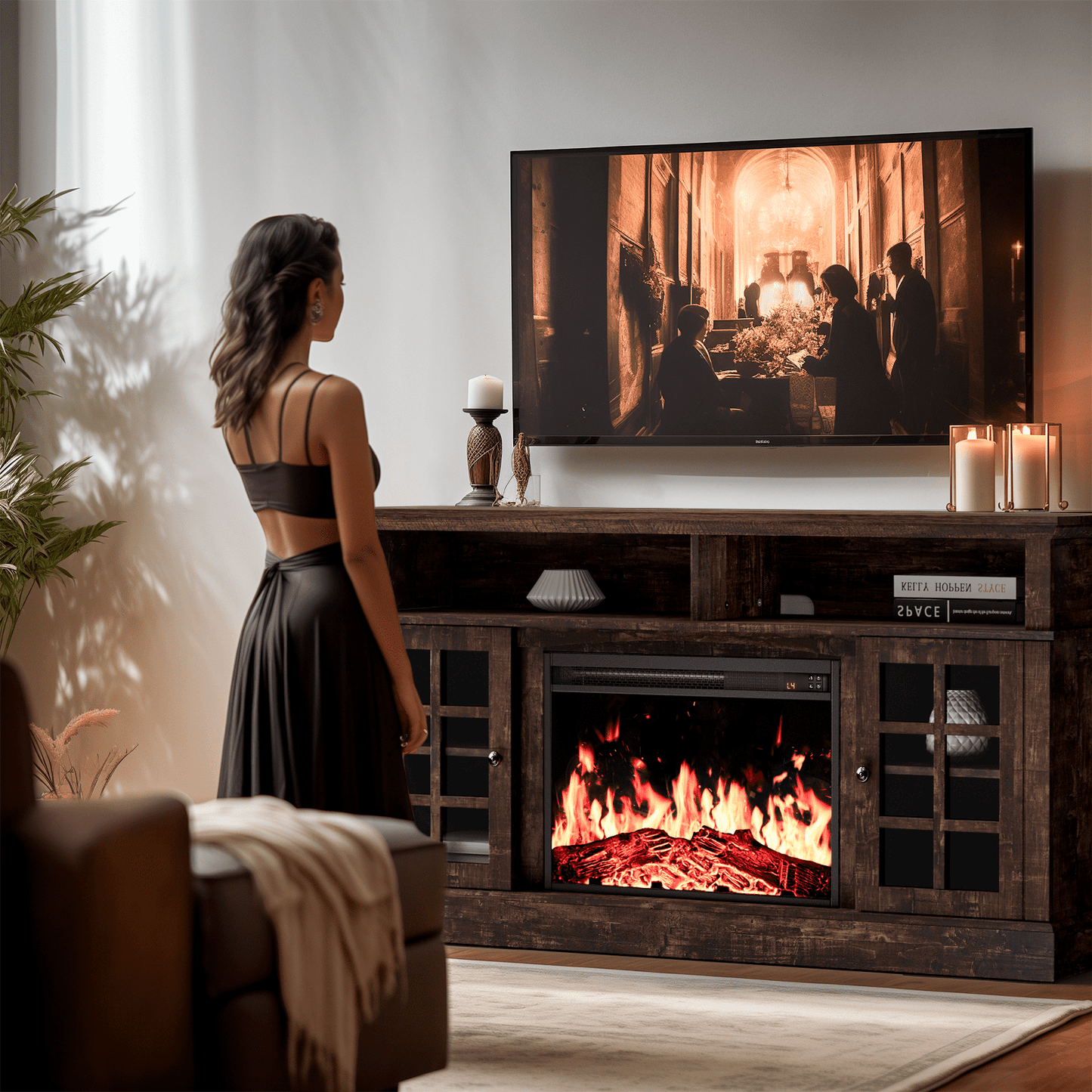 Electric Fireplace TV Stand for 75″ TVs Fireplace Entertainment Center TV Console Table with 23″ Fireplace, Holds up to 200 lbs