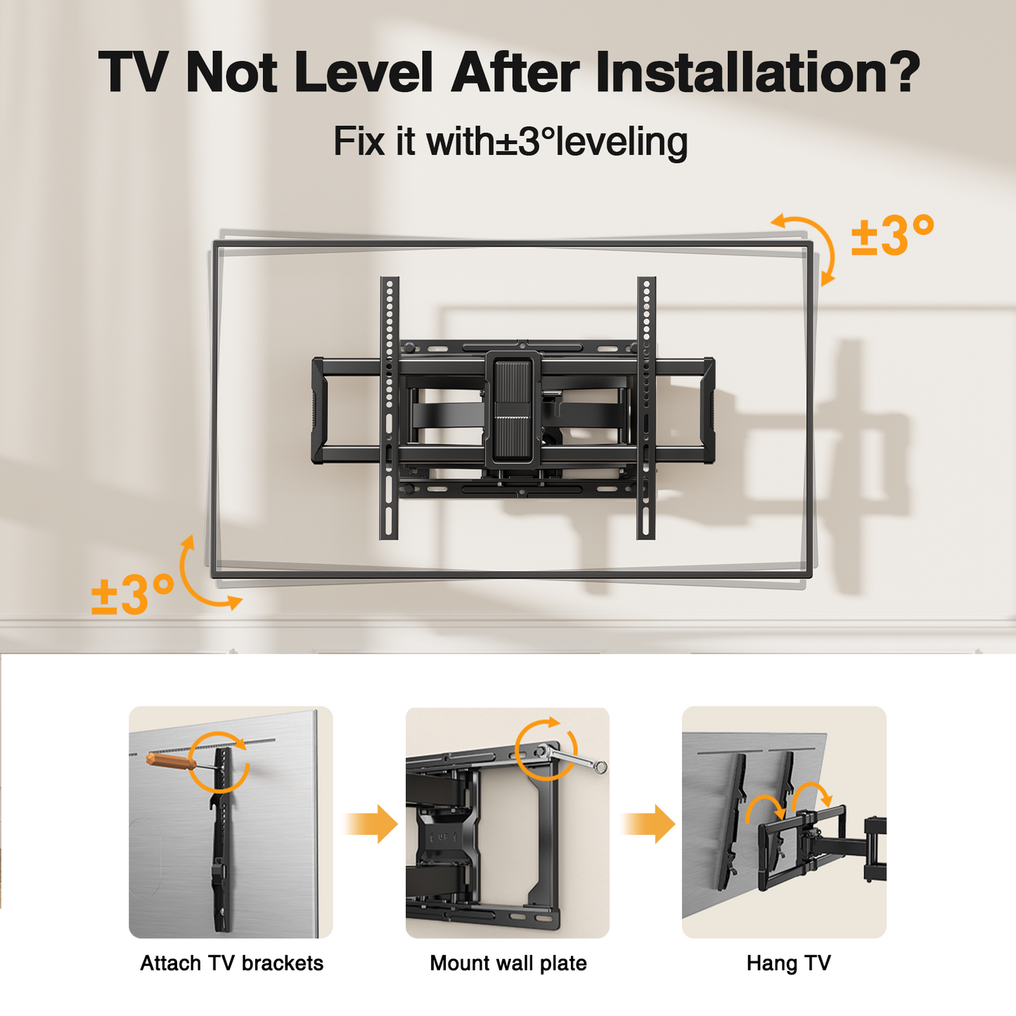 MountFTV Full Motion TV Wall Mount Bracket for 40 to 86 Inch Flat Curved TVs, 12°-16° Wood Studs, Max 600 x 400mm, Holds up to 132 lbs